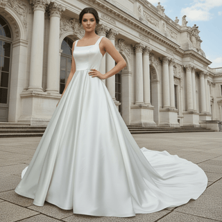Elegant Simple Square-neck Satin A-line Wedding Dress with Wide Straps - Rosymae