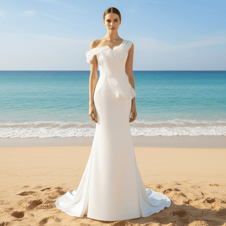 Elegant Sleek Simple Mermaid Wedding Dress with Ruffle Sleeve - Rosymae