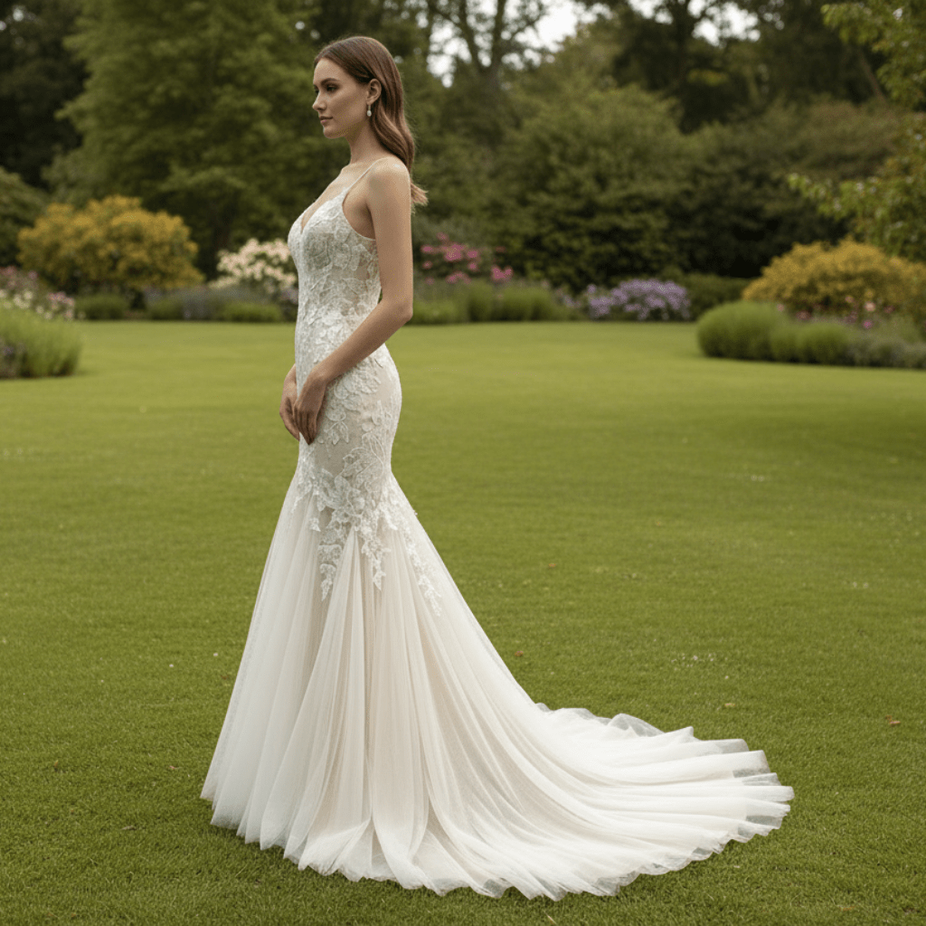 Elegant Spaghetti Strap Mermaid Tulle Lace Wedding Dress - Rosymae