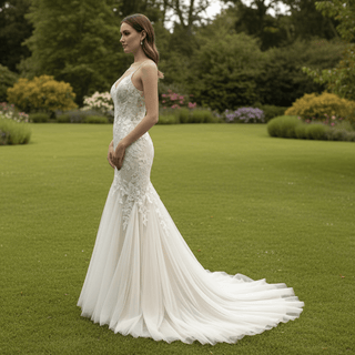 Elegant Spaghetti Strap Mermaid Tulle Lace Wedding Dress - Rosymae