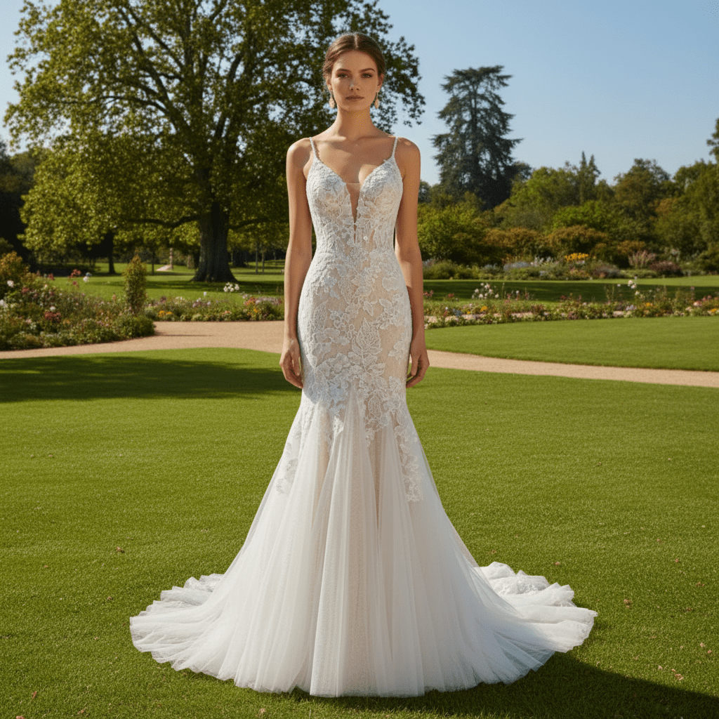 Elegant Spaghetti Strap Mermaid Tulle Lace Wedding Dress - Rosymae
