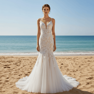 mermaid spaghetti strap lace wedding dress Spaghetti Straps Lace Appliques Mermaid Wedding Dress with Court Train QW2295 US14 / As Picture