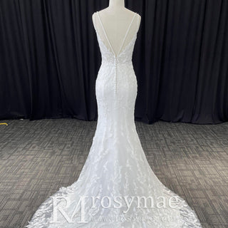 Elegant Spaghetti Strap Plunging V-neckline Lace Mermaid Wedding Dress - Rosymae