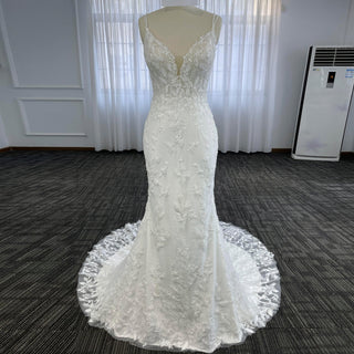 Elegant Spaghetti Strap Plunging V-neckline Lace Mermaid Wedding Dress - Rosymae