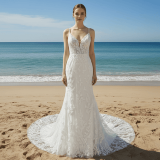Elegant Spaghetti Strap Plunging V-neckline Lace Mermaid Wedding Dress - Rosymae