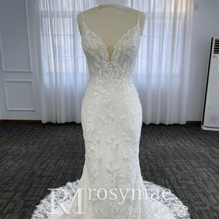Elegant Spaghetti Strap Plunging V-neckline Lace Mermaid Wedding Dress - Rosymae