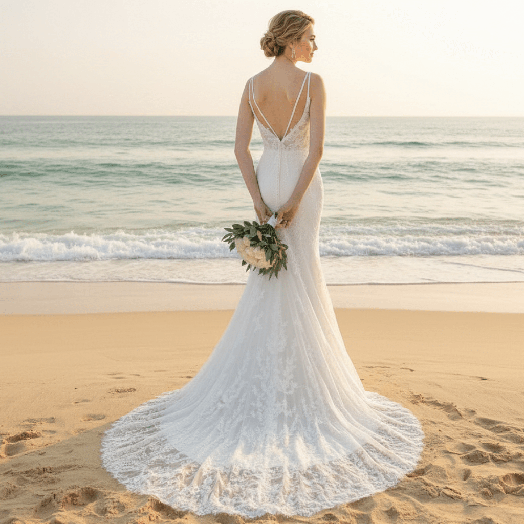 Elegant Spaghetti Strap Plunging V-neckline Lace Mermaid Wedding Dress - Rosymae