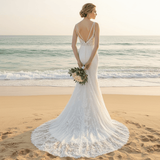 Elegant Spaghetti Strap Plunging V-neckline Lace Mermaid Wedding Dress - Rosymae
