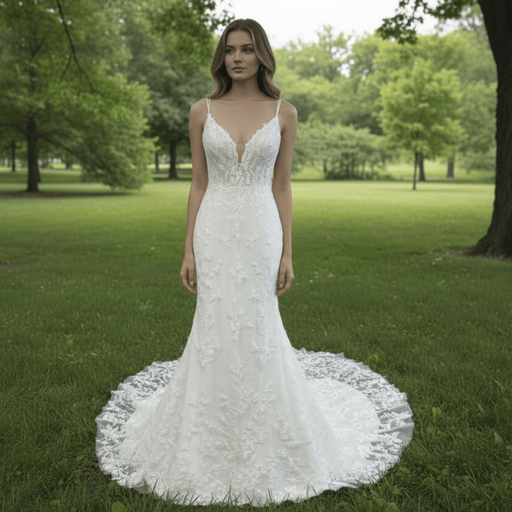 Elegant Spaghetti Strap Plunging V-neckline Lace Mermaid Wedding Dress - Rosymae