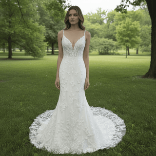 Elegant Spaghetti Strap Plunging V-neckline Lace Mermaid Wedding Dress - Rosymae