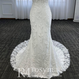 Elegant Spaghetti Strap Plunging V-neckline Lace Mermaid Wedding Dress - Rosymae