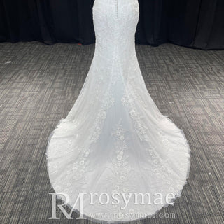 Elegant Spaghetti Straps Lace Mermaid Wedding Dresses Long Train - Rosymae