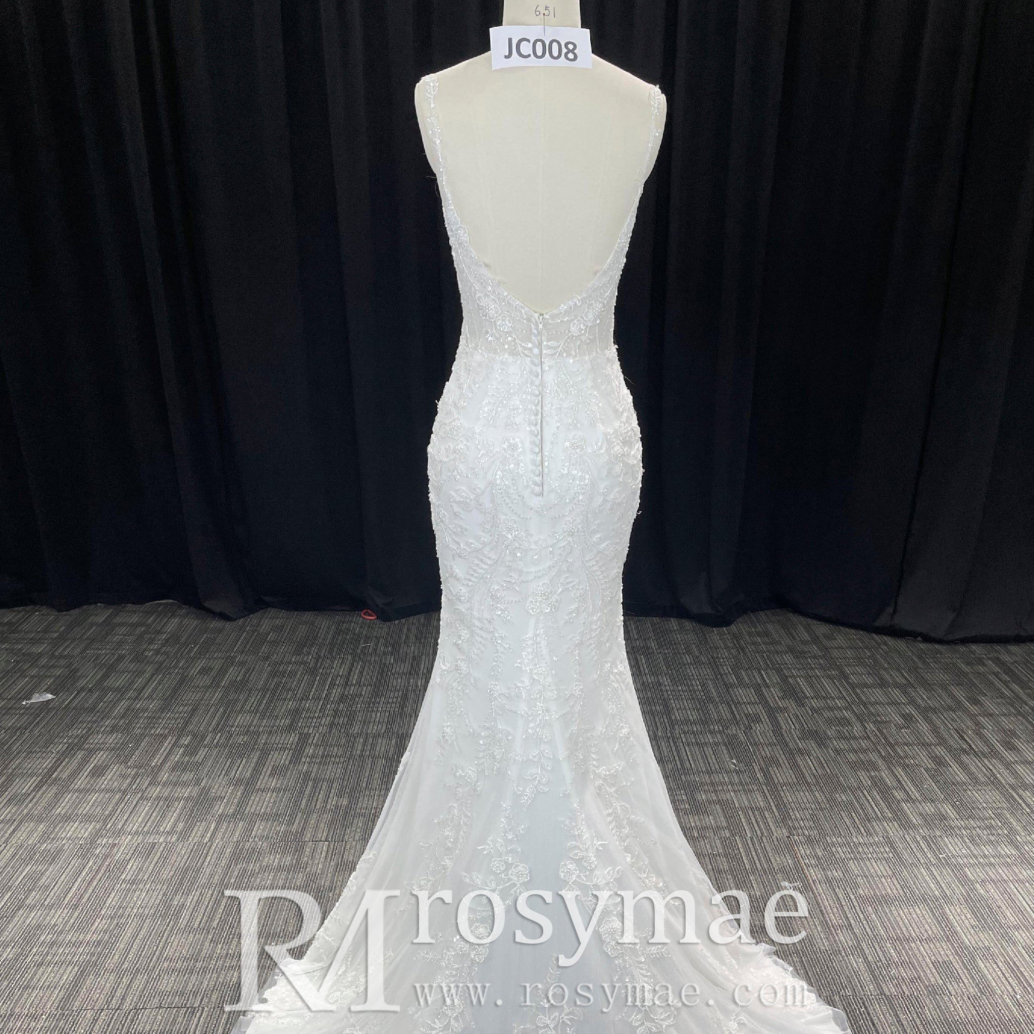 Elegant Spaghetti Straps Lace Mermaid Wedding Dresses Long Train - Rosymae