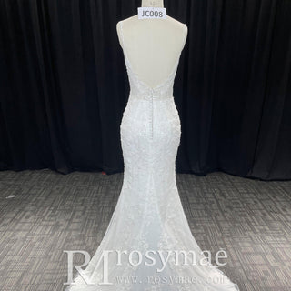 Elegant Spaghetti Straps Lace Mermaid Wedding Dresses Long Train - Rosymae