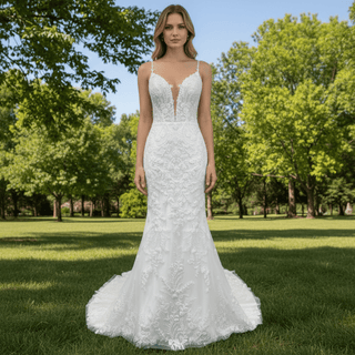 Elegant Spaghetti Straps Lace Mermaid Wedding Dresses Long Train - Rosymae