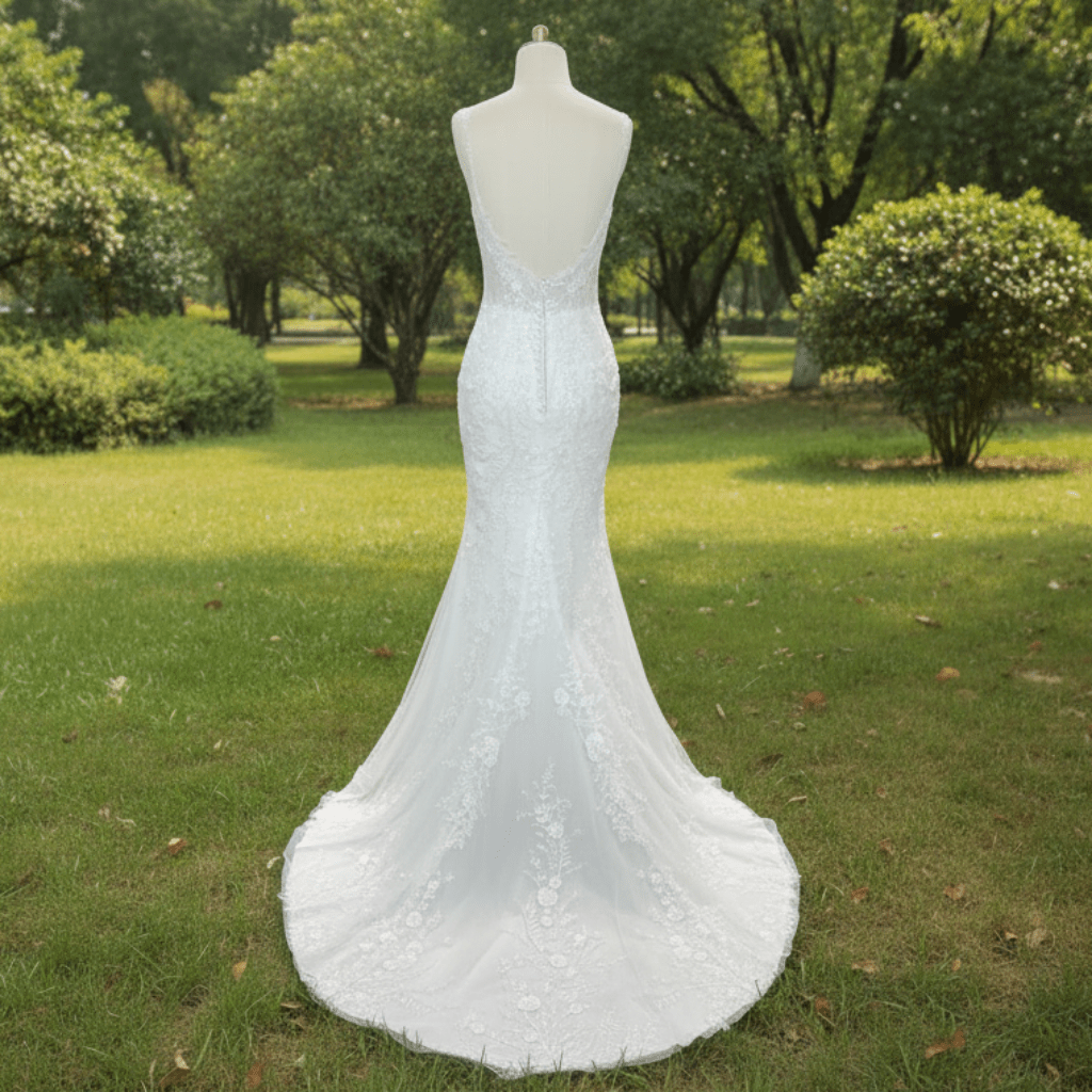 Elegant Spaghetti Straps Lace Mermaid Wedding Dresses Long Train - Rosymae