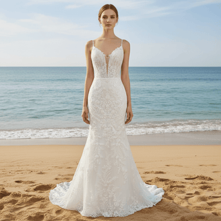 Elegant Spaghetti Straps Lace Mermaid Wedding Dresses Long Train - Rosymae