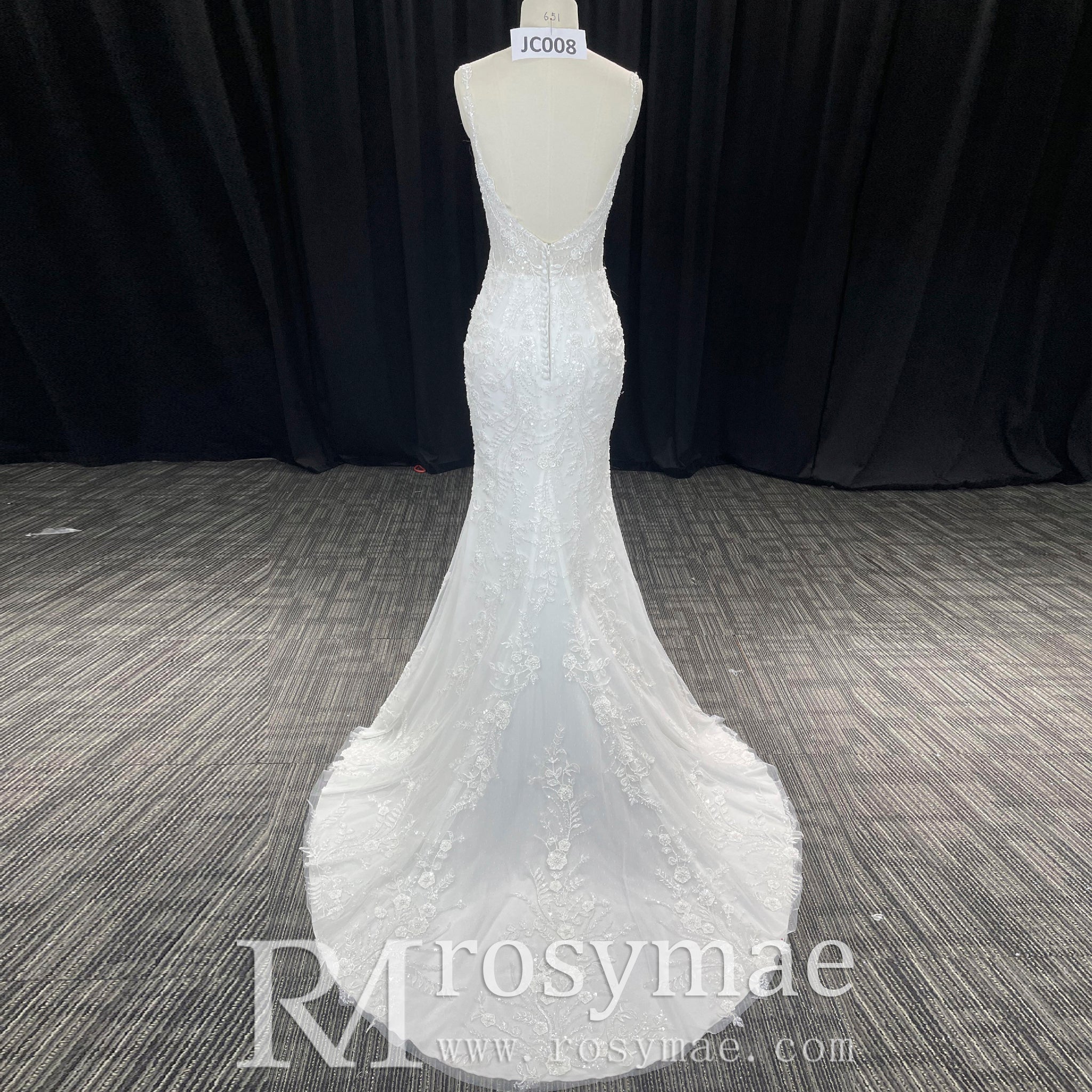 Elegant Spaghetti Straps Lace Mermaid Wedding Dresses Long Train - Rosymae