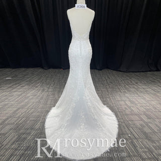 Elegant Spaghetti Straps Lace Mermaid Wedding Dresses Long Train - Rosymae