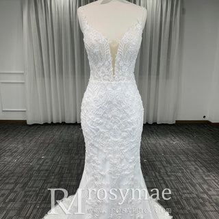 Elegant Spaghetti Straps Lace Mermaid Wedding Dresses Long Train - Rosymae