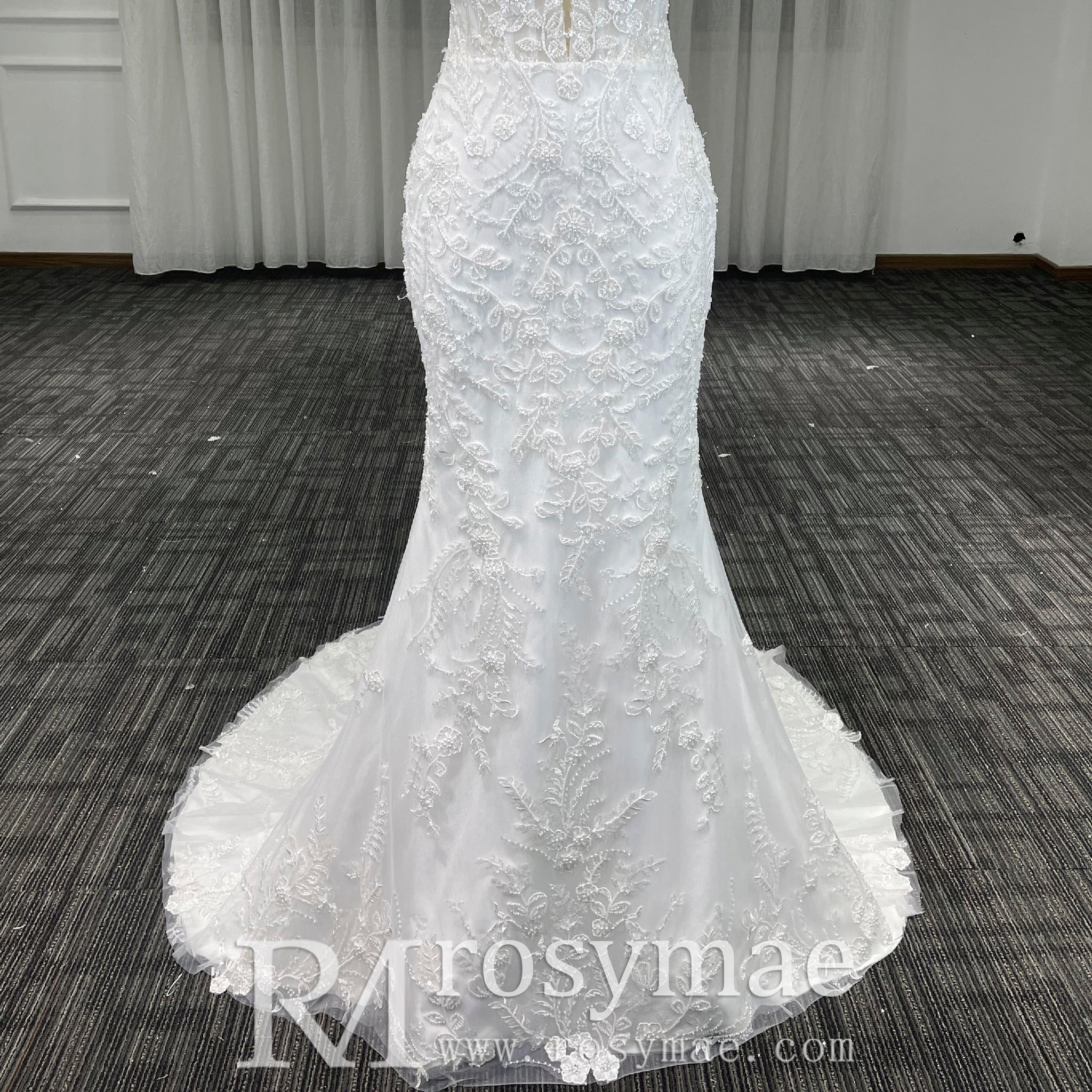 Elegant Spaghetti Straps Lace Mermaid Wedding Dresses Long Train - Rosymae