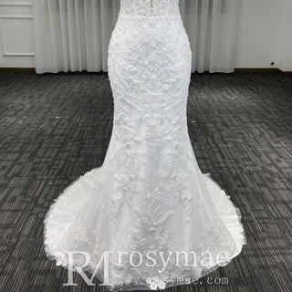 Elegant Spaghetti Straps Lace Mermaid Wedding Dresses Long Train - Rosymae
