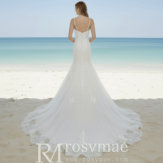 Elegant Spaghetti Straps Mermaid Wedding Gown with Beaded Bodice - Rosymae