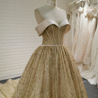 Elegant Sparkly Champagne Gold Wedding Dress with Off the Shoulder - Rosymae