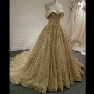 Elegant Sparkly Champagne Gold Wedding Dress with Off the Shoulder - Rosymae