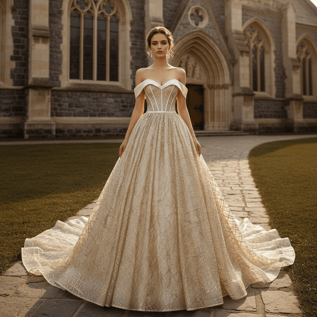 Elegant Sparkly Champagne Gold Wedding Dress with Off the Shoulder – Rosymae