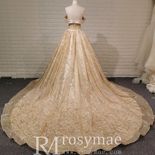 Elegant Sparkly Champagne Gold Wedding Dress with Off the Shoulder - Rosymae