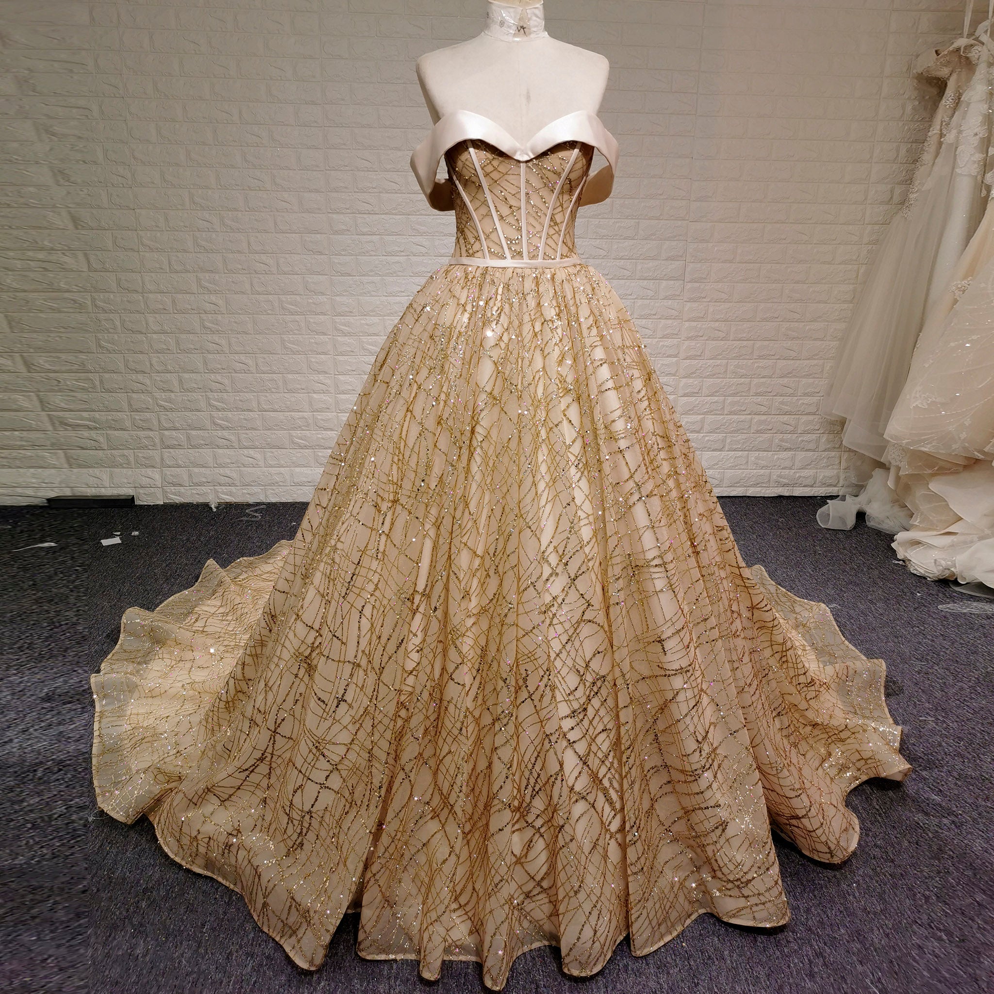 Elegant Sparkly Champagne Gold Wedding Dress with Off the Shoulder