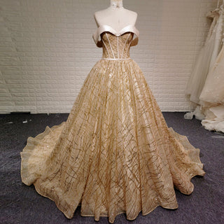 Elegant Sparkly Champagne Gold Wedding Dress with Off the Shoulder - Rosymae