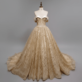 Elegant Sparkly Champagne Gold Wedding Dress with Off the Shoulder - Rosymae