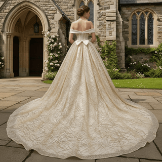 Elegant Sparkly Champagne Gold Wedding Dress with Off the Shoulder - Rosymae