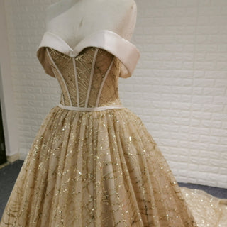 Elegant Sparkly Champagne Gold Wedding Dress with Off the Shoulder - Rosymae