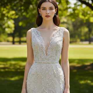 Elegant Sparkly Mermaid Wedding Dress With Cape and Detachable Train - Rosymae