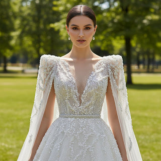Elegant Sparkly Mermaid Wedding Dress With Cape and Detachable Train - Rosymae