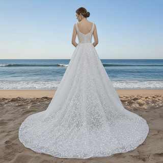 Elegant Square Neck A Line Lace Wedding Dress with Low Back - Rosymae