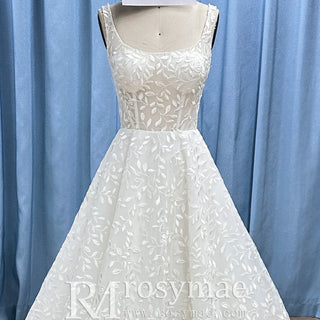 Elegant Square Neck A Line Lace Wedding Dress with Low Back - Rosymae