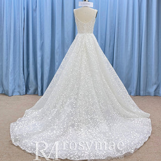 Elegant Square Neck A Line Lace Wedding Dress with Low Back - Rosymae