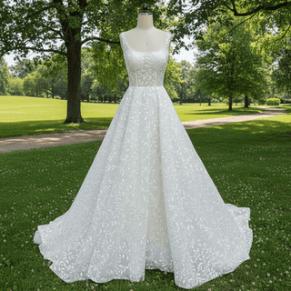 Elegant Square Neck A Line Lace Wedding Dress with Low Back - Rosymae