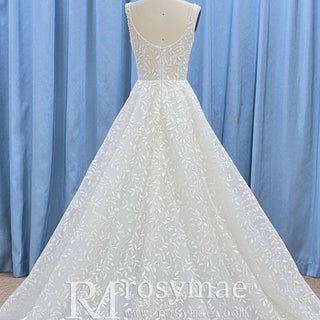 Elegant Square Neck A Line Lace Wedding Dress with Low Back - Rosymae