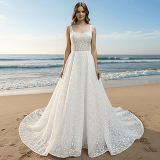 Elegant Square Neck A Line Lace Wedding Dress with Low Back - Rosymae