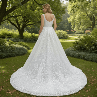 Elegant Square Neck A Line Lace Wedding Dress with Low Back - Rosymae