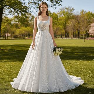 Elegant Square Neck A Line Lace Wedding Dress with Low Back - Rosymae