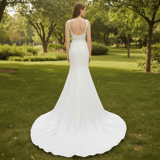 Elegant Square Neck Simple Mermaid Wedding Dress with Sheer Bodice - Rosymae