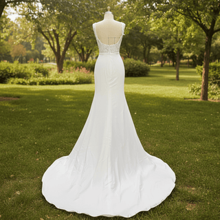 Elegant Square Neck Simple Mermaid Wedding Dress with Sheer Bodice - Rosymae