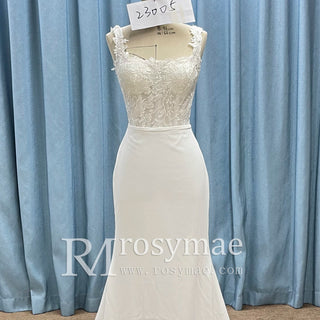 Elegant Square Neck Simple Mermaid Wedding Dress with Sheer Bodice - Rosymae