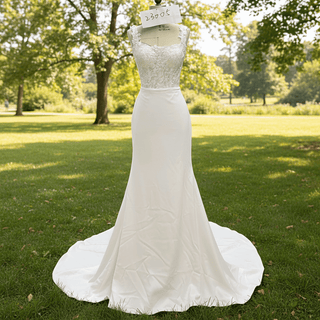 Elegant Square Neck Simple Mermaid Wedding Dress with Sheer Bodice - Rosymae